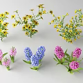 Decorative Colorful Yellow Small Flowers And Pink Blue Hyacinth With Green Leaves