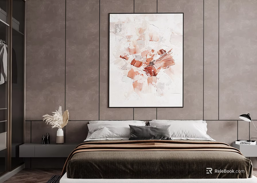 Modern Bedroom With Abstract Painting Dark Bed Nightstand Dried Flowers And Lamp 3d model 