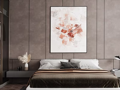 Modern Bedroom With Abstract Painting Dark Bed Nightstand Dried Flowers And Lamp 3d model