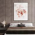 Modern Bedroom With Abstract Painting Dark Bed Nightstand Dried Flowers And Lamp