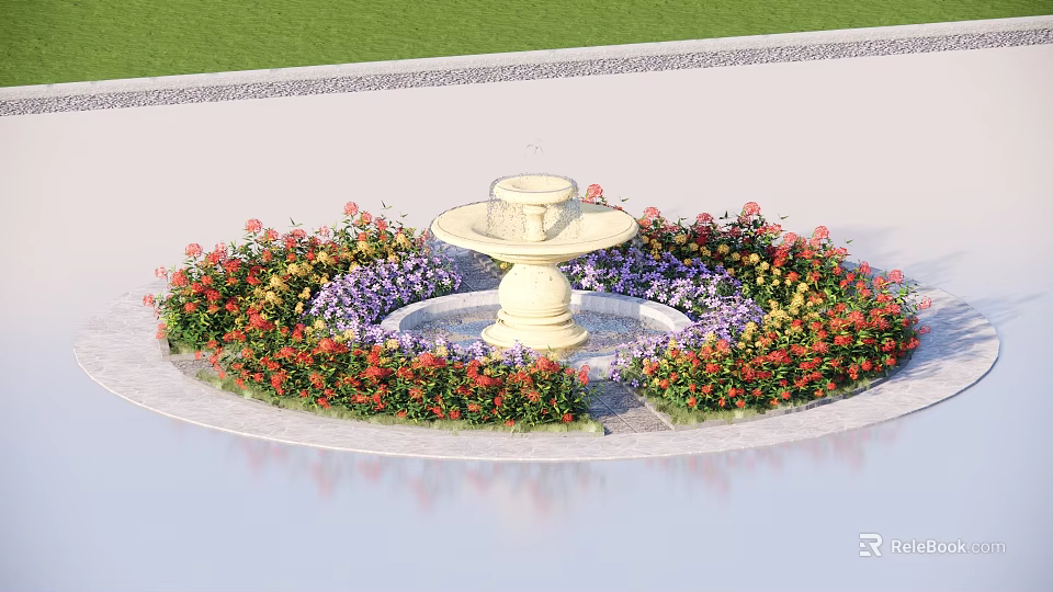 Garden Landscape Featuring Circular White Stone Fountain Surrounded By Colorful Flowers And Lawn 3d model 