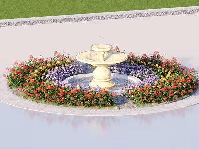 Garden Landscape Featuring Circular White Stone Fountain Surrounded By Colorful Flowers And Lawn 3d model