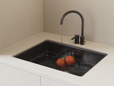 Modern Kitchen Sink With Black Faucet Running Water And Orange Fruits In White Countertop 3d model