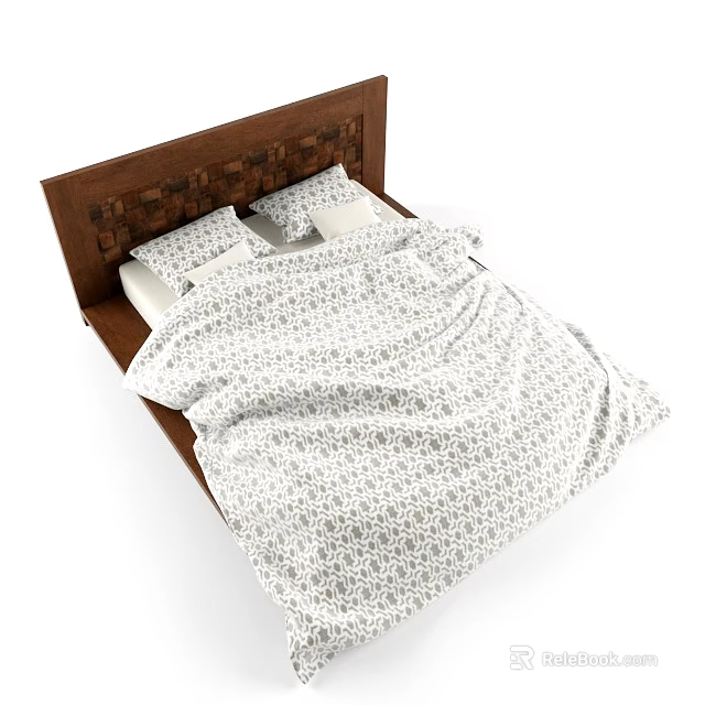 Double Bed with Wooden Headboard Woven Pattern Pillows and Patterned White Comforter 3d model