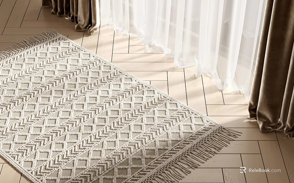 Light Colored Square Rug With Geometric Pattern And Tassel For Living Room Wooden Floor 3d model 