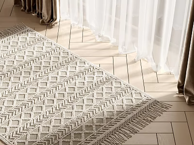 Light Colored Square Rug With Geometric Pattern And Tassel For Living Room Wooden Floor 3d model