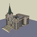 Historic Church Architecture With Steeple Cross Clock Tower Arched Windows And Stone Steps