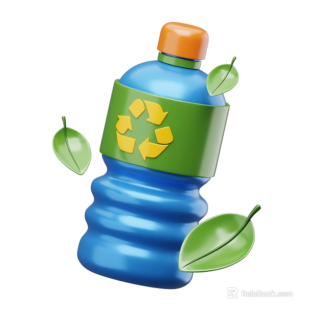 Eco Friendly Beverage In Blue Bottle With Recycling Symbol And Green Leaves 3d model 