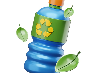 Eco Friendly Beverage In Blue Bottle With Recycling Symbol And Green Leaves 3d model