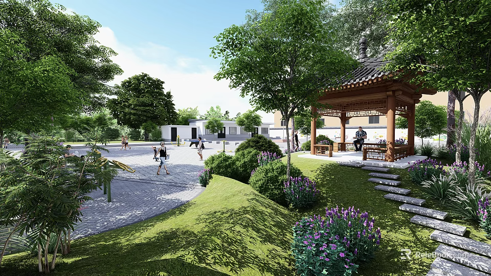 Serene Garden Landscape With Traditional Pavilion Lush Trees Purple Flowers And Stone Paths 3d model 