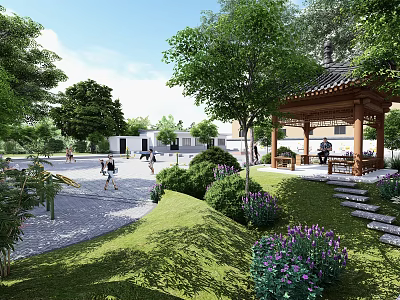 Serene Garden Landscape With Traditional Pavilion Lush Trees Purple Flowers And Stone Paths 3d model