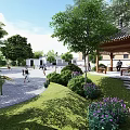 Serene Garden Landscape With Traditional Pavilion Lush Trees Purple Flowers And Stone Paths
