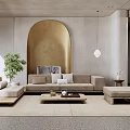 Modern Living Room Interior With Beige Sofa Arched Accent Wall Area Rug And Potted Plant