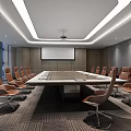Modern Conference Room With Large Meeting Table Brown Leather Chairs Projector Screen And Ceiling Lighting