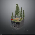 Miniature Scene With Small House Pine Trees Rock Base And Green Grass