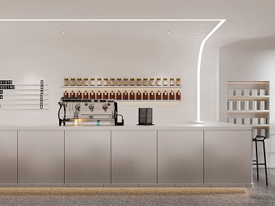 Modern Café Interior With White Counter Coffee Machine And Bean Jars 3d model
