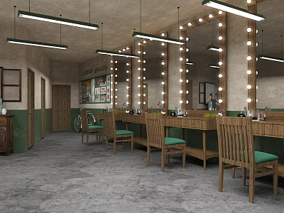 Vintage Style Interior Featuring Vanity Mirrors Wooden Tables Green Seats And Decorative Artworks 3d model