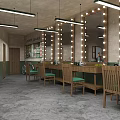 Vintage Style Interior Featuring Vanity Mirrors Wooden Tables Green Seats And Decorative Artworks