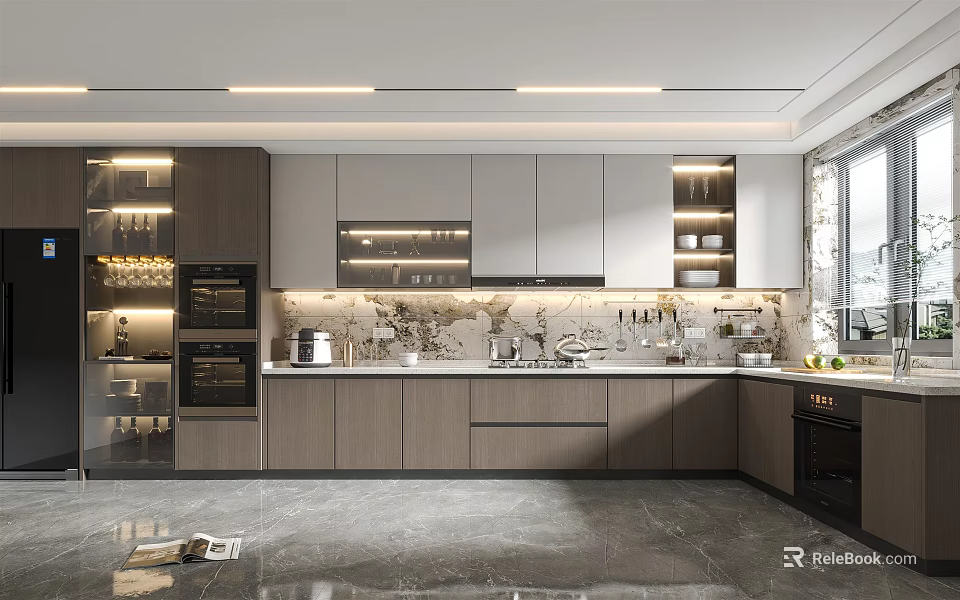 Modern Kitchen Interior With Marble Island Countertop Cabinets And Built-in Appliances 3d model 
