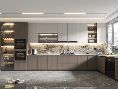 Modern Kitchen Interior With Marble Island Countertop Cabinets And Built-in Appliances 3d model