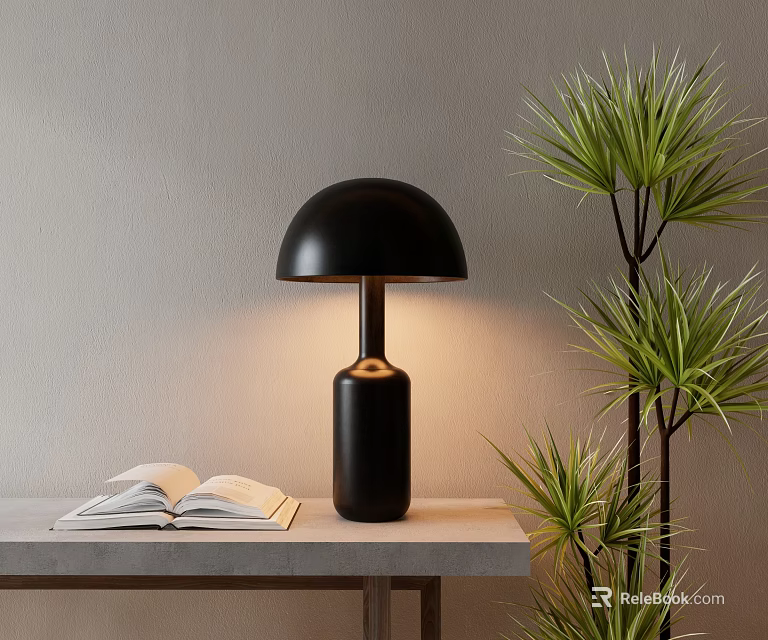 Black Table Lamp With Dome Shade Cylindrical Base On Table Near Open Book Green Plant 3d model 