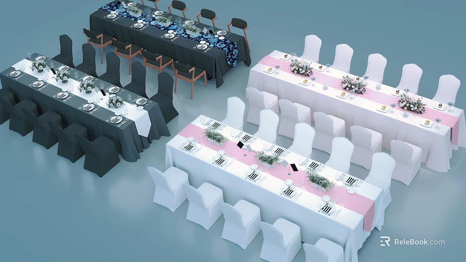 Dining Tables Decorated With White Pink Tablecloths White Black Chairs And Flower Centerpieces 3d model 