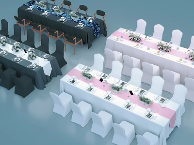 Dining Tables Decorated With White Pink Tablecloths White Black Chairs And Flower Centerpieces 3d model