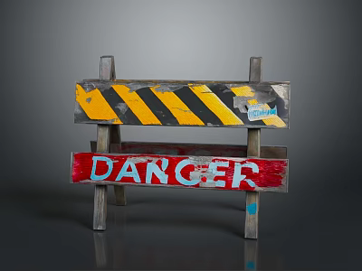 Wooden Danger Sign With Yellow Black Stripes And Red Background Stands On Gray Surface 3d model