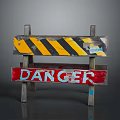 Wooden Danger Sign With Yellow Black Stripes And Red Background Stands On Gray Surface