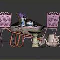 Outdoor Garden Furniture Set Pink Metal Chairs Table With Wheelbarrow Lavender Teacups And Birdbath