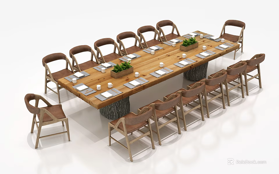 Rustic Wooden Conference Table With Brown Chairs Green Potted Plants And Table Settings 3d model 