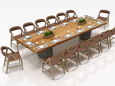 Rustic Wooden Conference Table With Brown Chairs Green Potted Plants And Table Settings 3d model