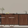 Modern Bar Counter Featuring Wooden Cabinets Black Countertop Green Plant Yellow Fruits And Bar Stools