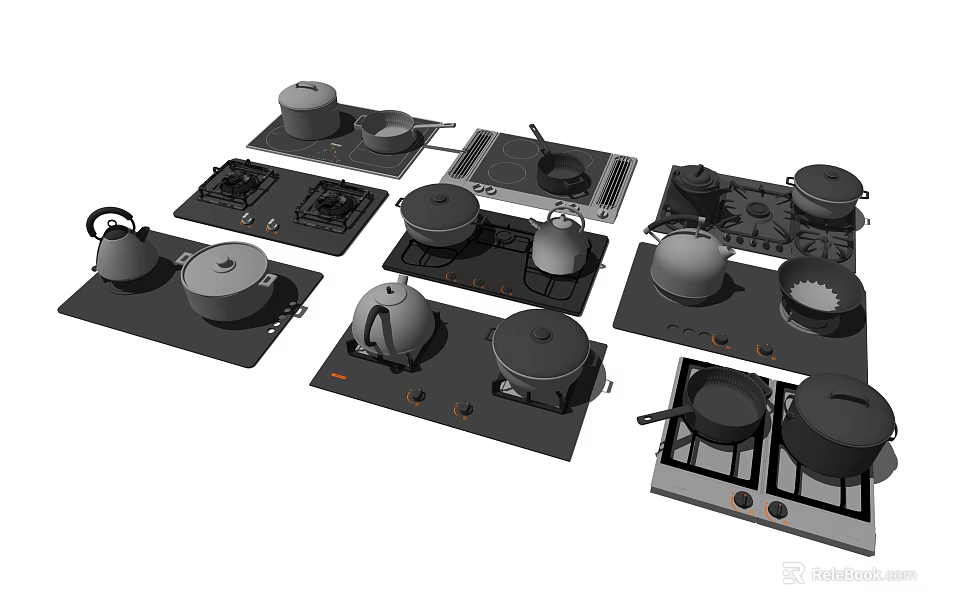 Assortment of Kitchen Appliances Including Stovetops Pans Kettles And Cookware 3d model 