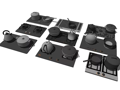 Assortment of Kitchen Appliances Including Stovetops Pans Kettles And Cookware 3d model