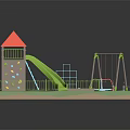 Cartoon Playground Scene With Red Roofs Green Slide Swings Climbing Wall Sandpit Fence And Bench