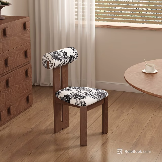 Wooden Dining Chair with Black White Floral Cushion on Wooden Floor and Round Table 3d model 