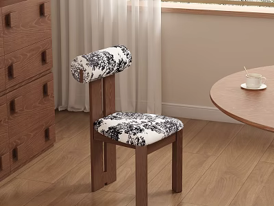 Wooden Dining Chair with Black White Floral Cushion on Wooden Floor and Round Table 3d model