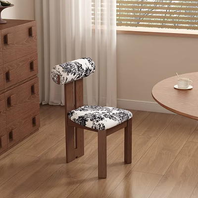 Wooden Dining Chair with Black White Floral Cushion on Wooden Floor and Round Table 3d model