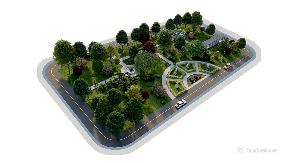 Park Landscape with Diverse Trees Winding Paths and Central Green Area 3d model 