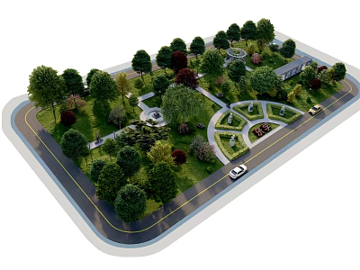 Park Landscape with Diverse Trees Winding Paths and Central Green Area 3d model