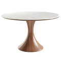 Modern Round Marble Tabletop Dining Set with Wooden Pedestal and Four Beige Upholstered Chairs
