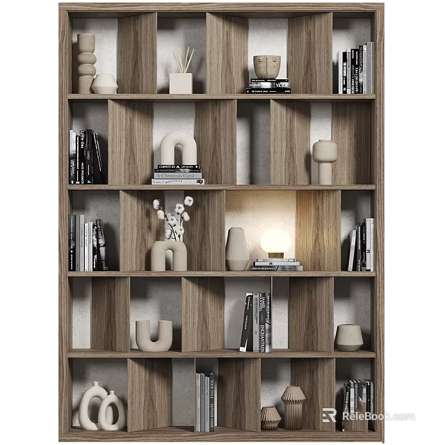 Modern Wooden Display Shelf With Books Decorative Vases Sculptures And Ornaments 3d model 