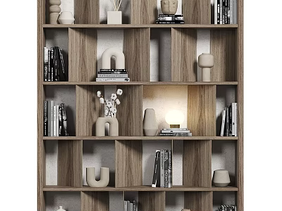 Modern Wooden Display Shelf With Books Decorative Vases Sculptures And Ornaments 3d model
