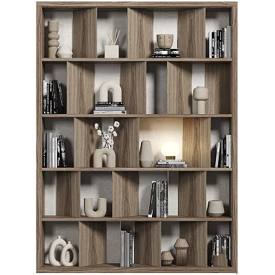 Modern Wooden Display Shelf With Books Decorative Vases Sculptures And Ornaments 3d model