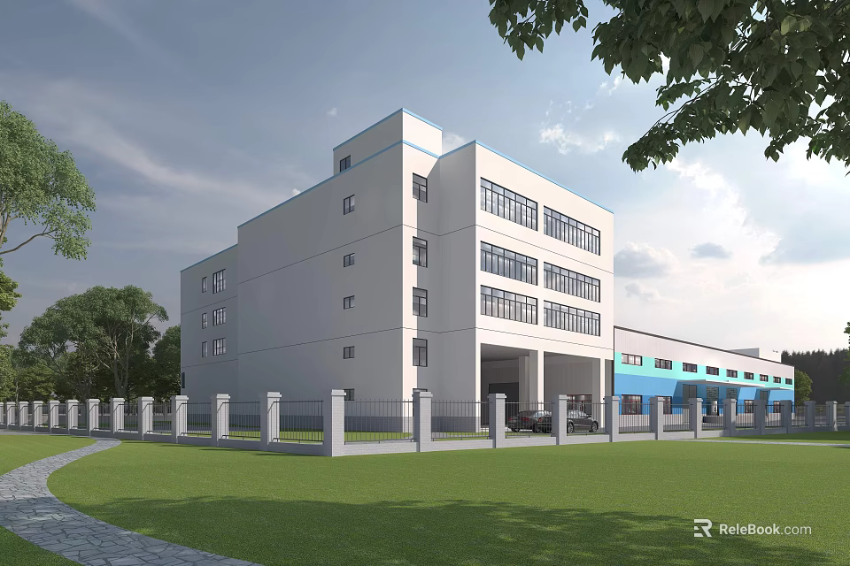 Multi Story Industrial Factory Building With White Exterior Large Windows Front Lawn And Parked Vehicles 3d model 