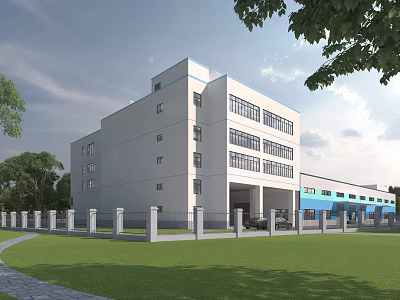 Multi Story Industrial Factory Building With White Exterior Large Windows Front Lawn And Parked Vehicles 3d model