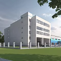 Multi Story Industrial Factory Building With White Exterior Large Windows Front Lawn And Parked Vehicles
