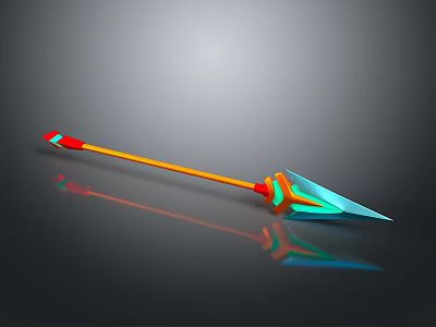 Colorful Spear with Orange Shaft Red Tip Blue Green Arrowhead on Gray Background and Reflection 3d model