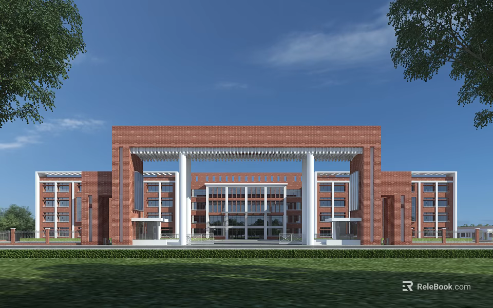 Red Brick School Building Exterior With Grand Gateway White Columns Green Lawn And Trees 3d model 